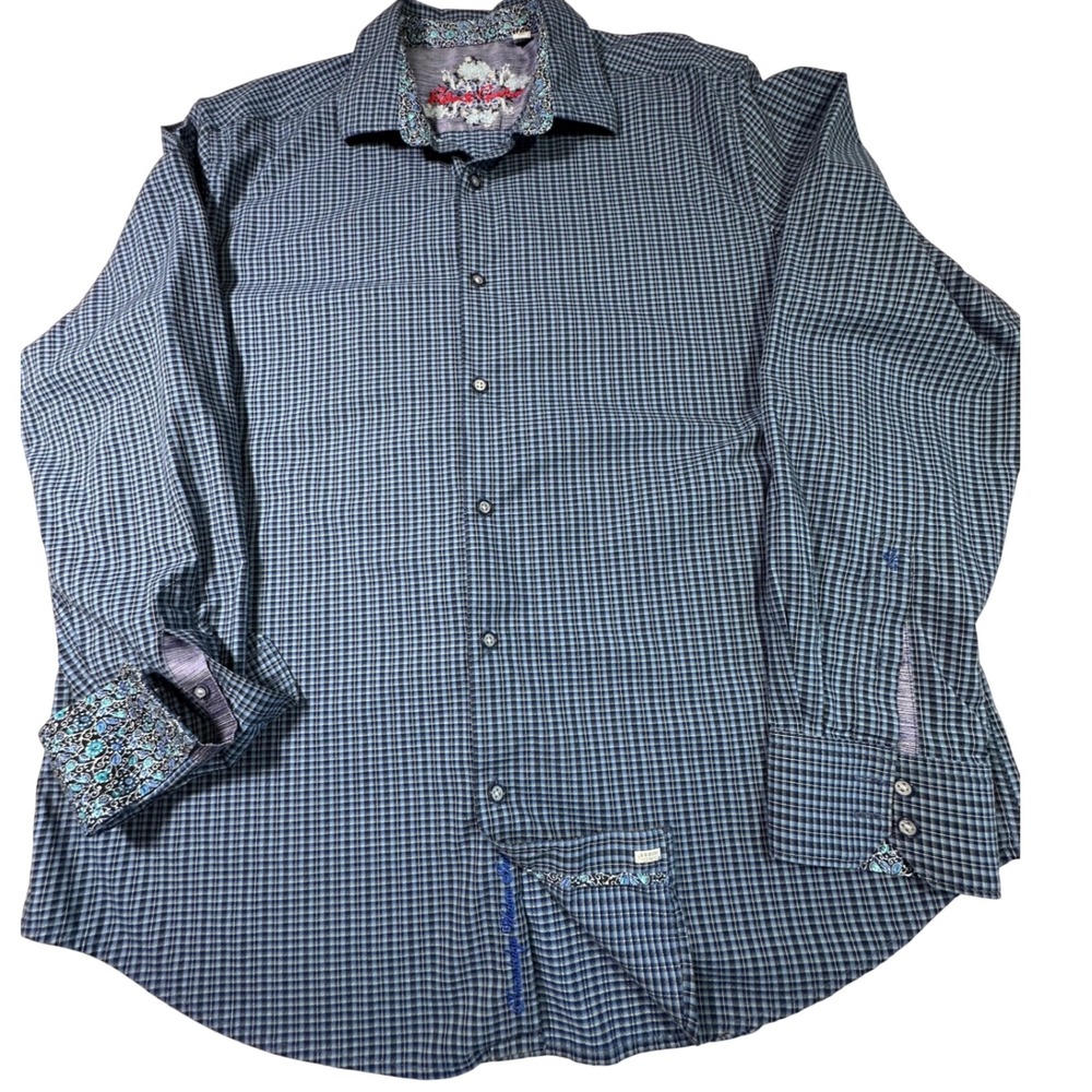 Robert Graham Mens 2XL Classic Fit Blue Micro Check Paisley Trim Button Down